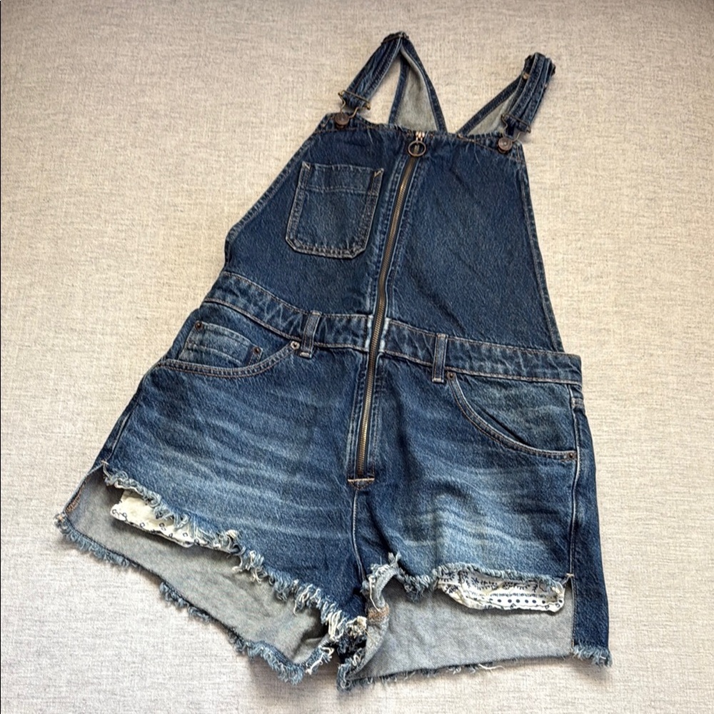 Free People Zip Up Blue Jean Shorts Overalls